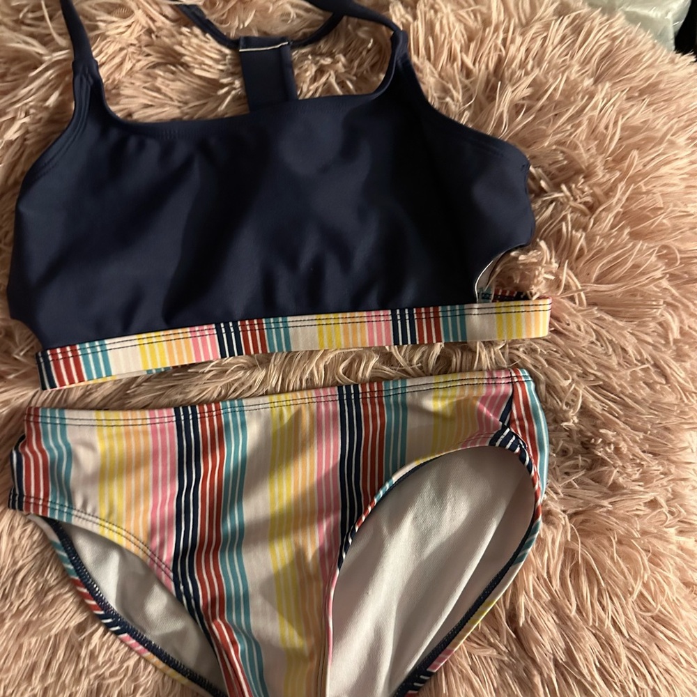 art class Navy and Rainbow Striped Kids Bikini